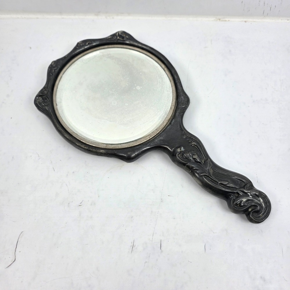 Vintage Art Nouveau Repousse Handheld Mirror Bevelled Glass 10" x 5.5" - Picture 3 of 11